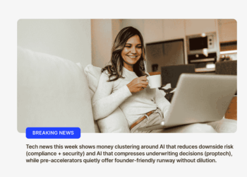 Tech news this week showing a smiling woman on a sofa with a laptop and coffee, reading breaking startup and AI funding updates