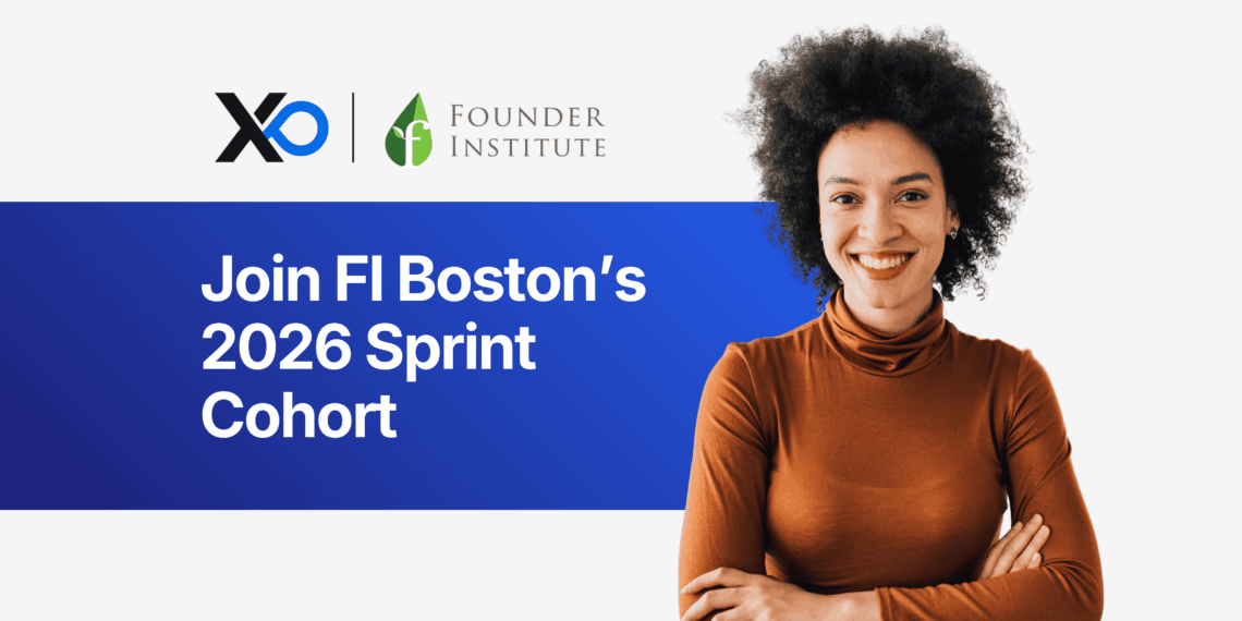 Apply to FI Boston accelerator – smiling founder standing beside FI Boston 2026 sprint cohort banner