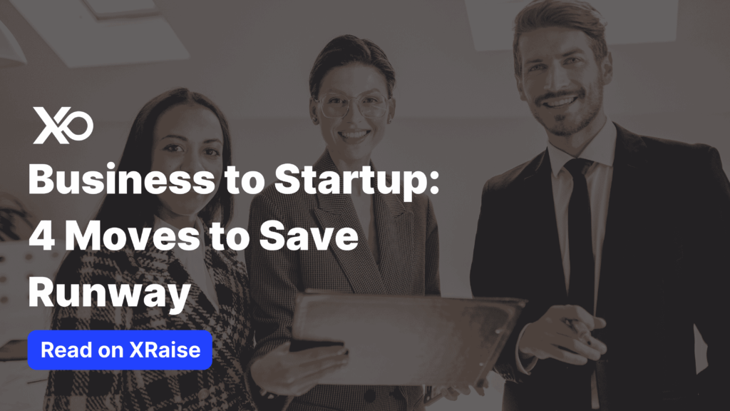 Business to Startup cover image with three smiling founders standing together, promoting Business to Startup moves to save runway
