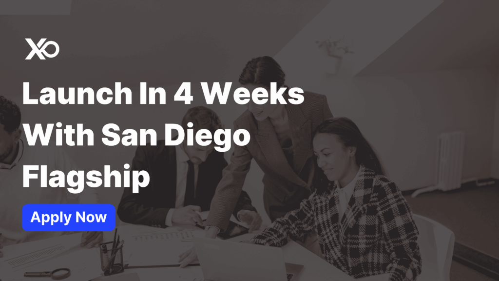 Apply to San Diego Flagship cohort banner showing founders collaborating at a table
