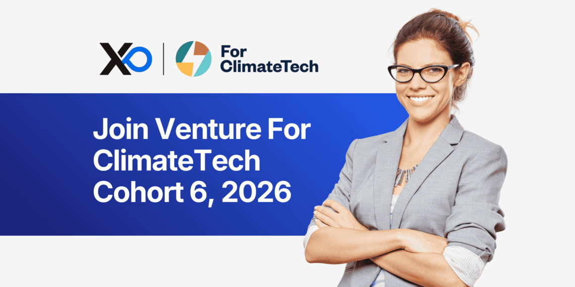 Apply to Venture For ClimateTech Cohort 6 2026 accelerator, with a smiling founder in a grey blazer on the program banner