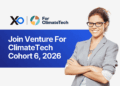 Apply to Venture For ClimateTech Cohort 6 2026 accelerator, with a smiling founder in a grey blazer on the program banner
