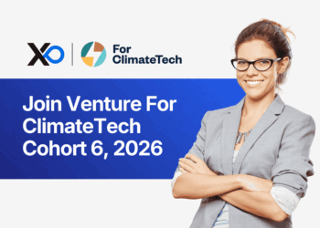 Apply to Venture For ClimateTech Cohort 6 2026 accelerator, with a smiling founder in a grey blazer on the program banner