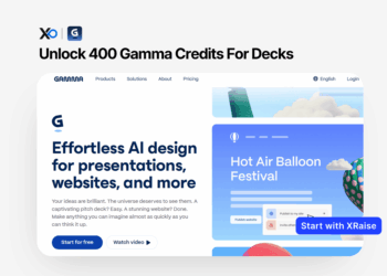 Apply for Gamma startup perk banner showing “Unlock 400 Gamma Credits For Decks” with the Gamma interface and a “Start with XRaise” call to action