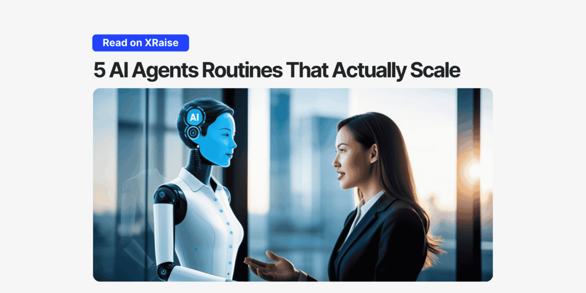 AI agents startup automation scene with a founder talking to a humanoid robot in a modern office