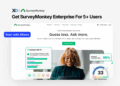 Apply for SurveyMonkey Enterprise for 5+ users through XRaise, showing the SurveyMonkey homepage with a smiling professional reviewing AI-powered survey analytics on a laptop