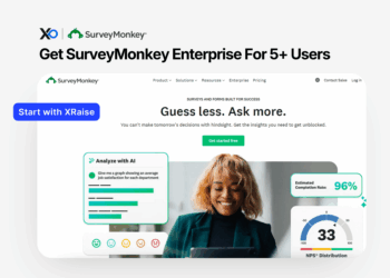 Apply for SurveyMonkey Enterprise for 5+ users through XRaise, showing the SurveyMonkey homepage with a smiling professional reviewing AI-powered survey analytics on a laptop