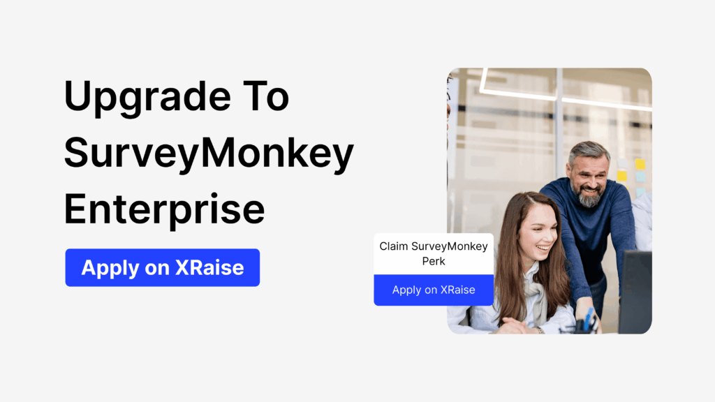 Apply for SurveyMonkey Enterprise with XRaise, as a smiling founder and mentor review survey results together on a laptop in a modern office