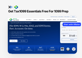 Apply for Tax1099 essentials free for 1099 prep through XRaise, showing the Tax1099 e-filing platform with a Start with XRaise button