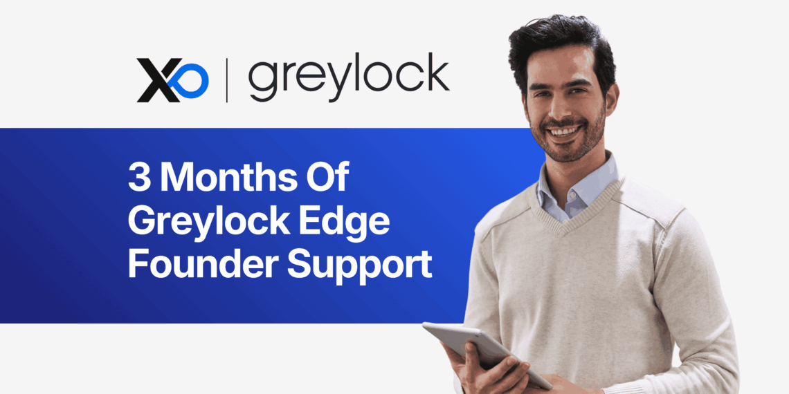 Apply to Greylock Edge founder support banner with smiling male founder holding a tablet on a blue background