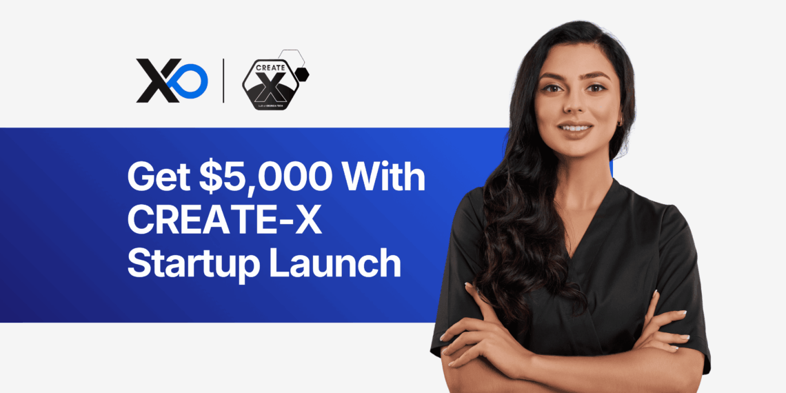 CREATE-X Startup Launch $5,000 founder funding offer with confident woman standing in front of blue banner
