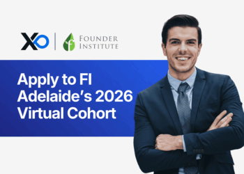 Banner announcing applications for Founder Institute Adelaide’s 2026 virtual accelerator cohort with a smiling man in a suit.