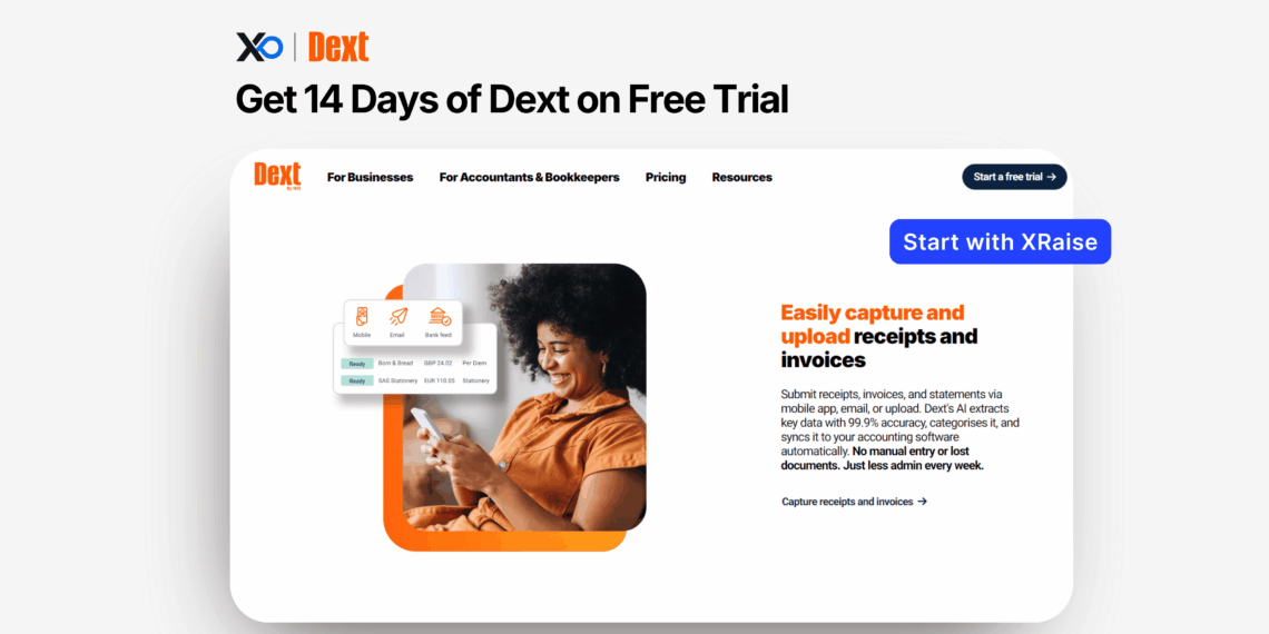 Dext for Startups 14-day free trial banner showing a smiling founder capturing receipts on her phone with “Start with XRaise” call-to-action.