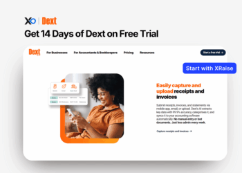 Dext for Startups 14-day free trial banner showing a smiling founder capturing receipts on her phone with “Start with XRaise” call-to-action.