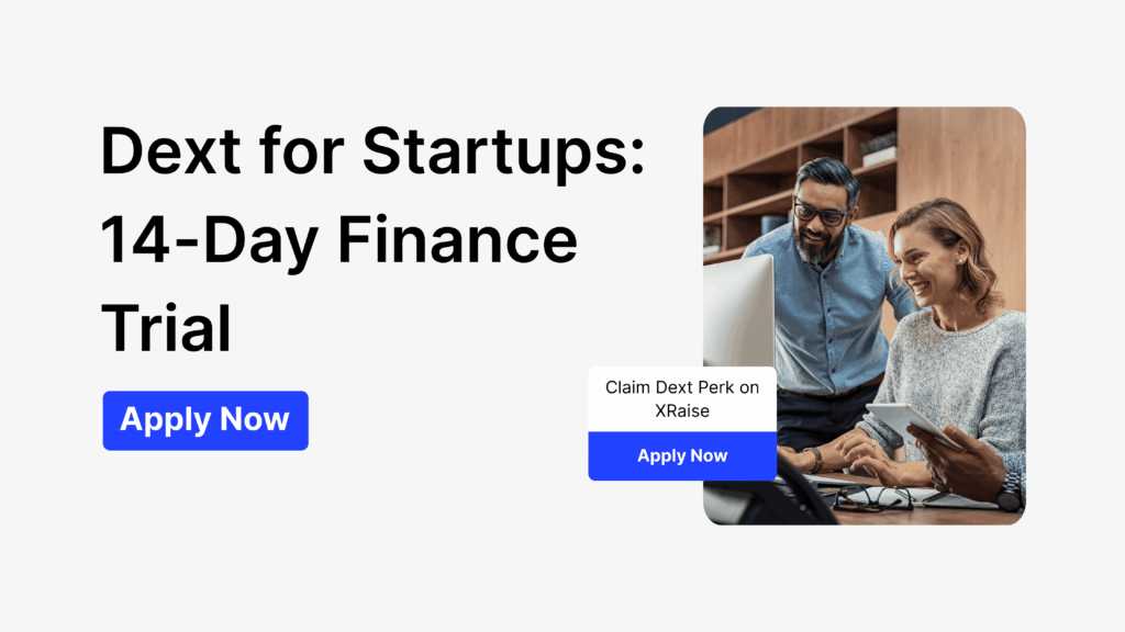 Dext for Startups 14-day finance trial with smiling founders working together at a computer and tablet, with “Apply Now” call-to-action.