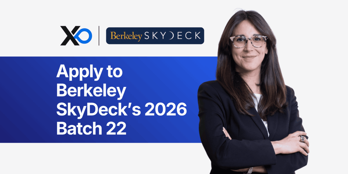 Apply to Berkeley SkyDeck’s 2026 Batch 22 accelerator, featuring a confident woman in a blazer standing beside the program banner.