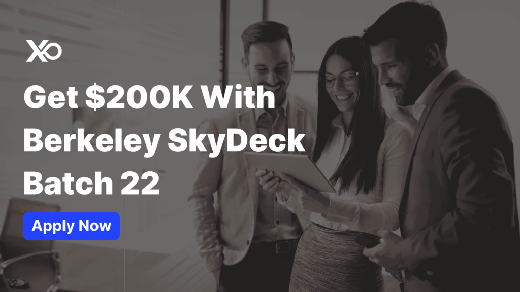 Apply to Berkeley SkyDeck Batch 22 accelerator for $200K funding, with three professionals smiling and reviewing a tablet together.