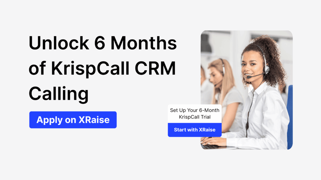 KrispCall for Startups: 6-month CRM calling perk with smiling support agent at computer.