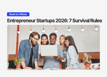 Entrepreneur startups 2026 article banner with diverse team gathered around a laptop.