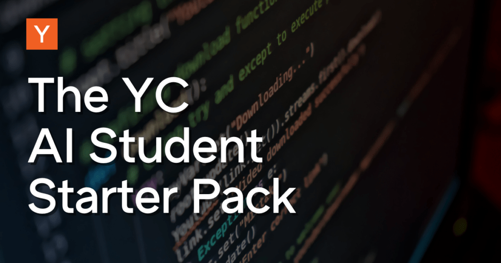 YC AI Student Starter Pack banner over a blurred laptop screen filled with colorful code