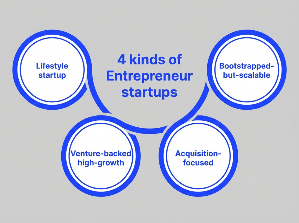 Infographic showing four kinds of entrepreneur startups: lifestyle startup, bootstrapped-but-scalable, venture-backed high-growth, and acquisition-focused.