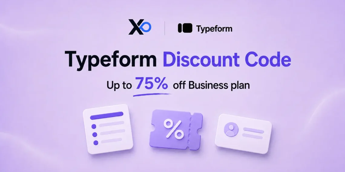 Typeform discount code banner with XRaise and Typeform logos, 75% off message, form card, ticket, and profile card