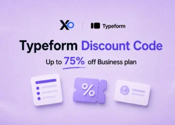 Typeform discount code banner with XRaise and Typeform logos, 75% off message, form card, ticket, and profile card