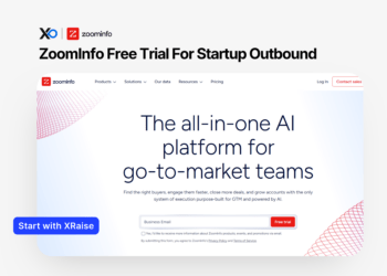 Apply for ZoomInfo free trial for startup outbound on XRaise, showing the ZoomInfo homepage with AI go-to-market platform messaging.