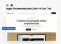 Apply for Assembly 14-day trial banner showing Assembly client portal interface and a Start with XRaise button.