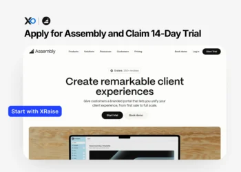 Apply for Assembly 14-day trial banner showing Assembly client portal interface and a Start with XRaise button.