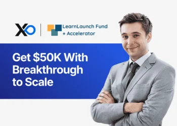 Apply to Breakthrough to Scale startup founder banner showing LearnLaunch accelerator partner and $50K funding offer