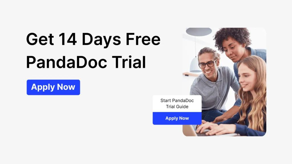 Apply for PandaDoc trial, three founders apply for PandaDoc on a laptop during a 14-day free trial