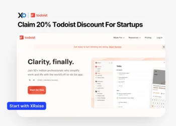Apply for Todoist startup discount banner showing the Todoist app dashboard and a Start with XRaise call-to-action.