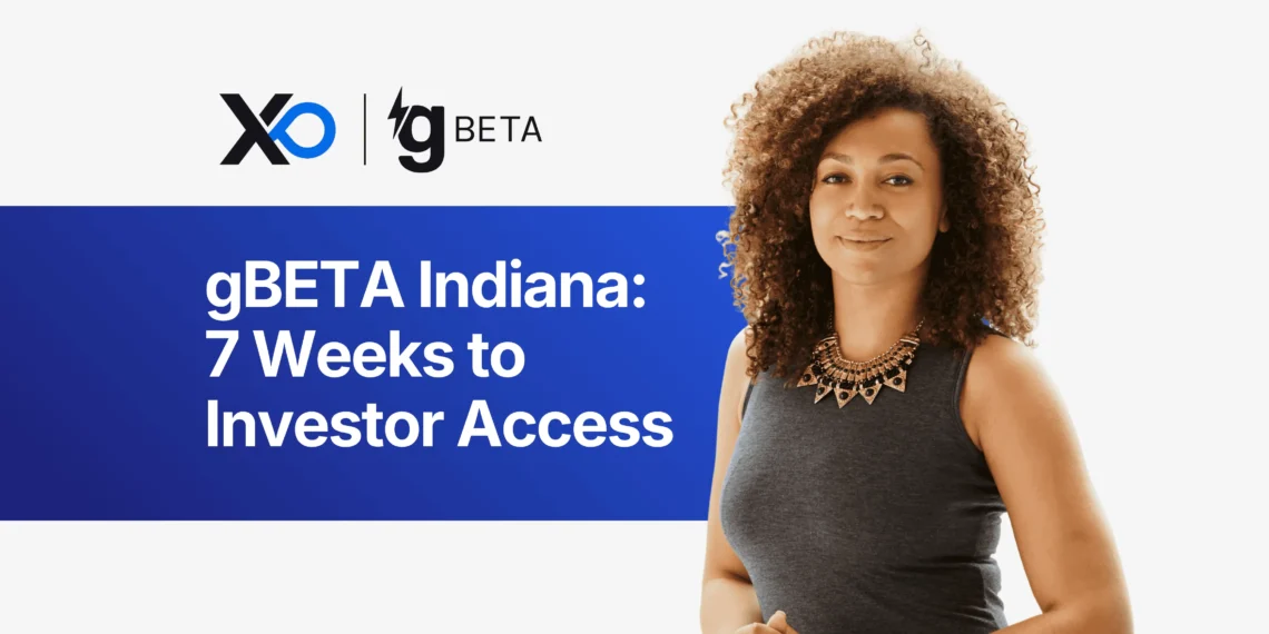 Apply to gBETA Indiana accelerator banner showing a founder highlighting 7 weeks to investor access