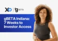 Apply to gBETA Indiana accelerator banner showing a founder highlighting 7 weeks to investor access