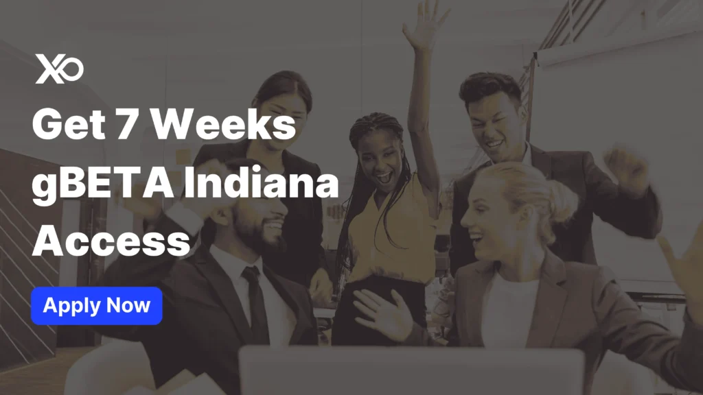 Apply to gBETA Indiana accelerator banner showing startup team celebrating progress during a 7-week program