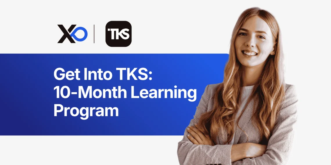 Apply to TKS World In-Person Program banner highlighting a 10-month learning program with a confident professional smiling