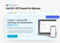 Tresorit discount for startups banner showing secure file exchange and collaboration platform interface with startup offer