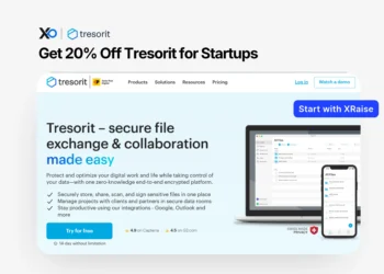 Tresorit discount for startups banner showing secure file exchange and collaboration platform interface with startup offer