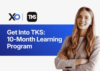 Apply to TKS World In-Person Program banner highlighting a 10-month learning program with a confident professional smiling