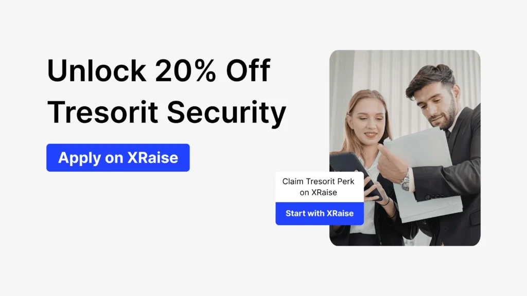 Tresorit discount for startups banner promoting 20% off secure file storage with professionals reviewing documents