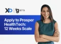 Prosper HealthTech Accelerator banner showing a smiling female founder beside text about applying to Prosper HealthTech for a 12-week scale program.