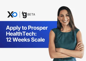 Prosper HealthTech Accelerator banner showing a smiling female founder beside text about applying to Prosper HealthTech for a 12-week scale program.