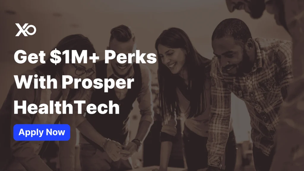 Prosper HealthTech Accelerator team collaboration banner showing founders working together while reviewing startup growth plans and perks.