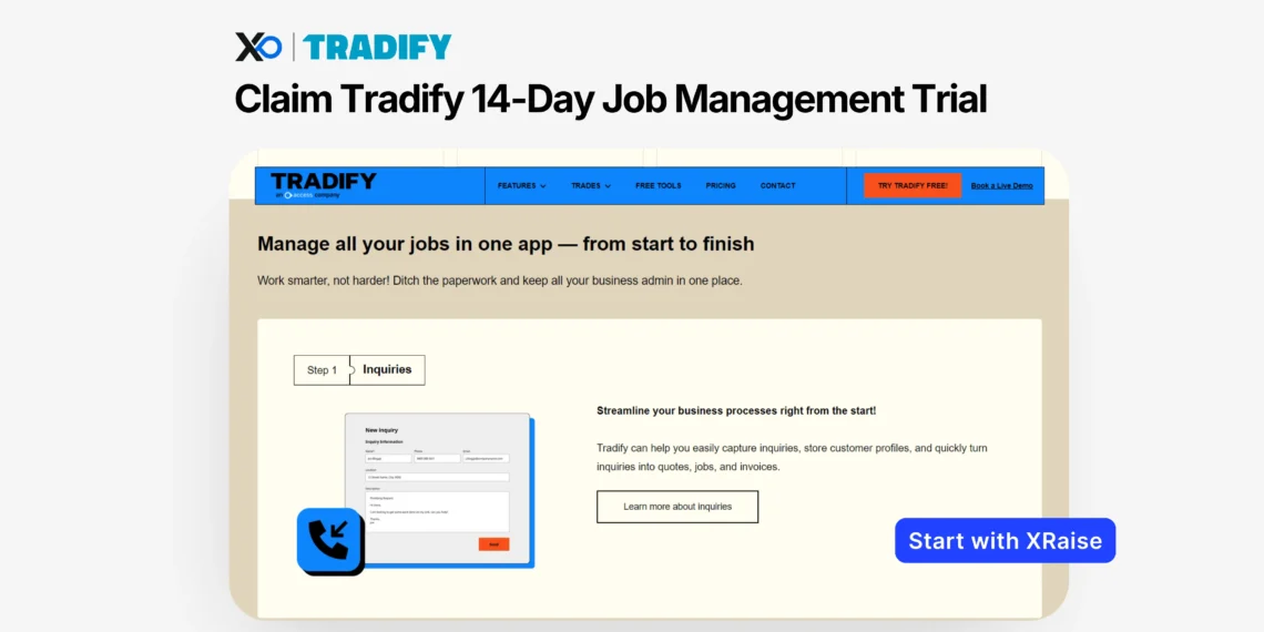 Apply for Tradify 14-day job management trial via XRaise, showing the Tradify app interface for managing jobs from start to finish.