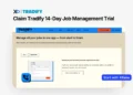 Apply for Tradify 14-day job management trial via XRaise, showing the Tradify app interface for managing jobs from start to finish.
