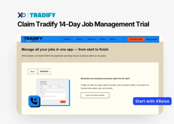 Apply for Tradify 14-day job management trial via XRaise, showing the Tradify app interface for managing jobs from start to finish.