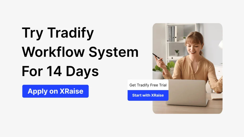 Apply for Tradify 14-day workflow system trial banner showing a startup founder using a laptop at her desk.