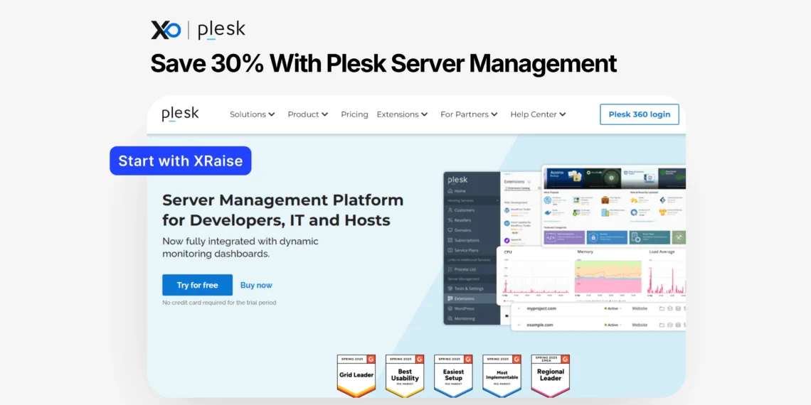 Apply for Plesk server management discount banner showing the Plesk dashboard and monitoring tools for developers, IT teams, and hosts.