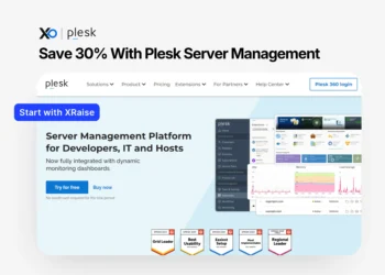 Apply for Plesk server management discount banner showing the Plesk dashboard and monitoring tools for developers, IT teams, and hosts.